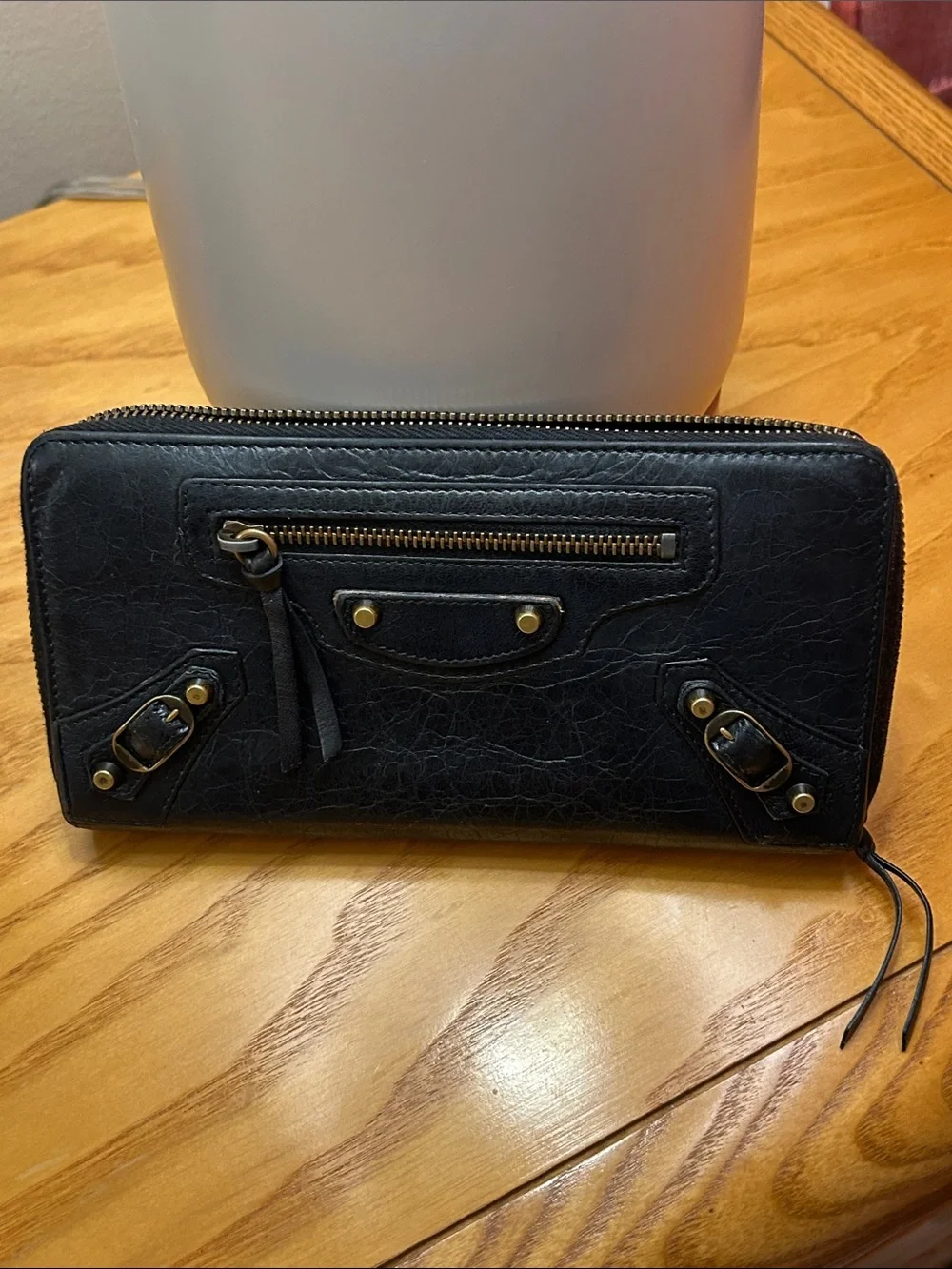Balenciaga Black Leather Zip-Around Wallet with Gold Hardware